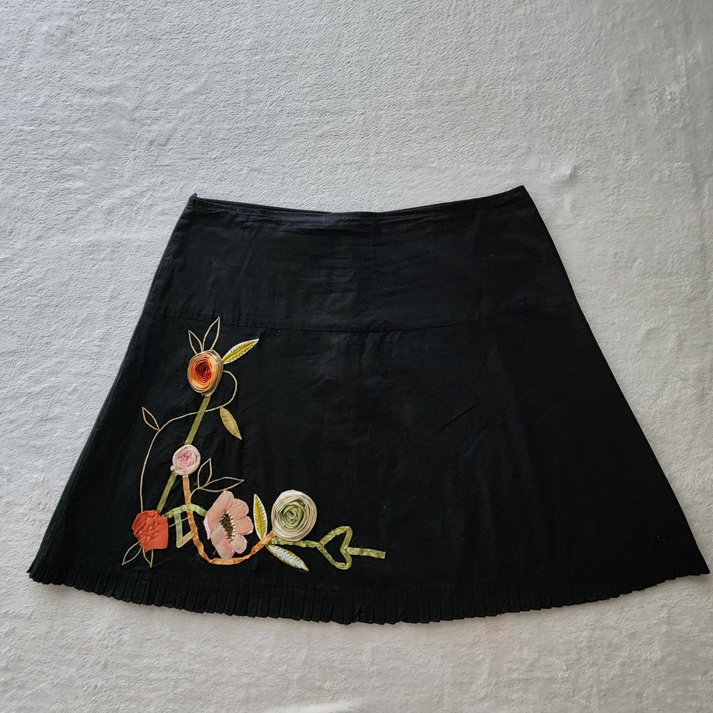 Mix Nouveau Skirt Womens 14P Black Floral Embroidered Ribbon Pleated Cottagecore